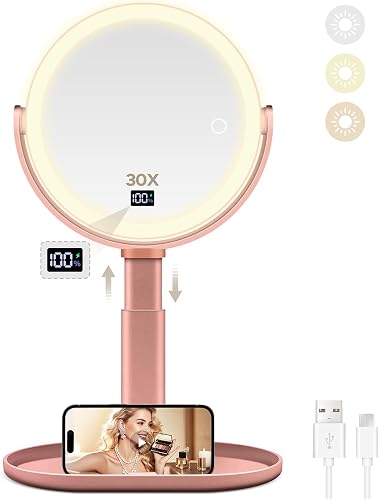 B Beauty Planet Magnifying Mirror with Digital Display, Height Adjustable Makeup Mirror with Lights 30X/1X, 360°Rotation and Detachable, with tweezers, Rechargeable for Travel, Rose Gold