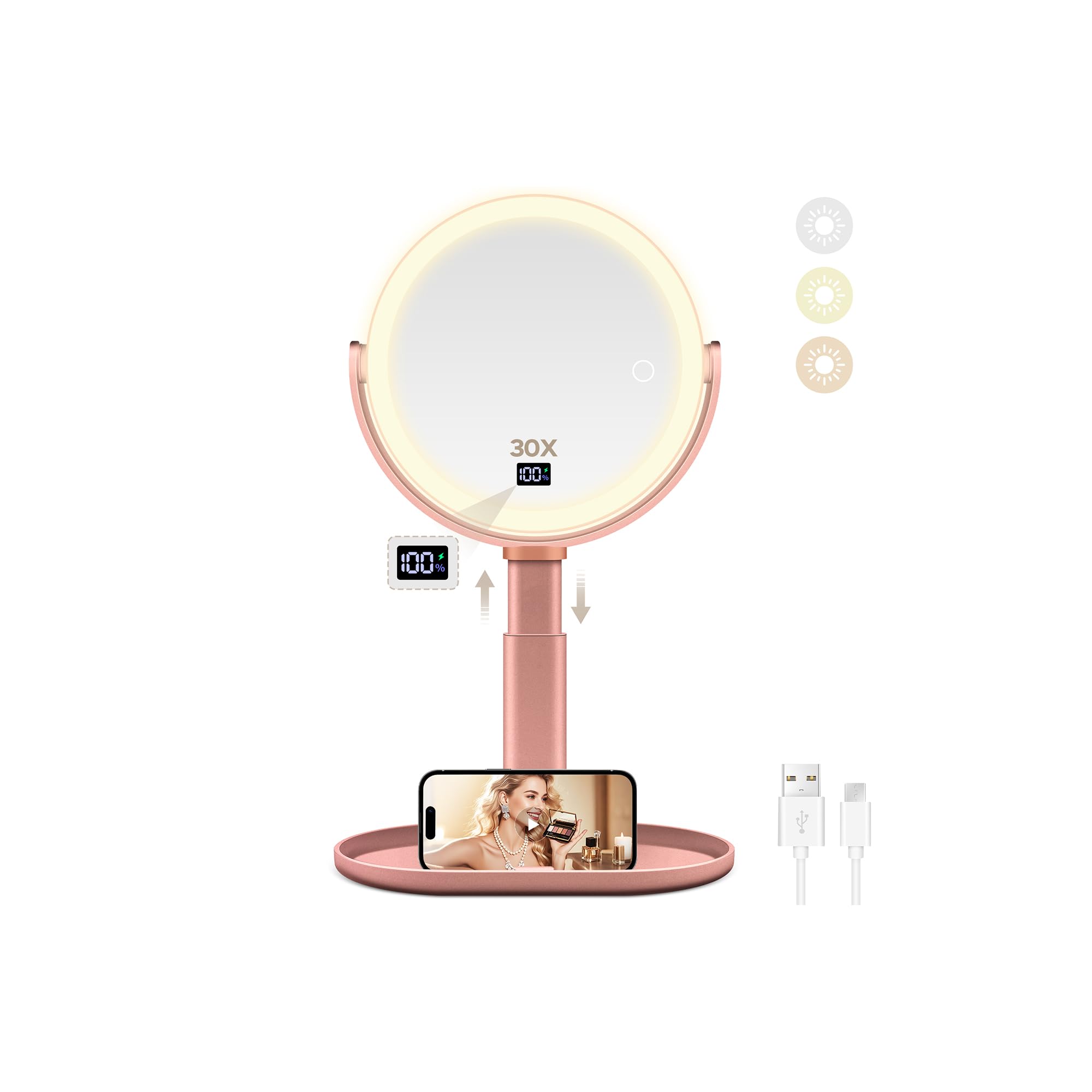 MIYADIVA Espejo de maquillaje con luces, espejo de aumento 30X/1X con pantalla digital, espejos de mesa de altura ajustable, desmontable para viajes, espejos de tocador con soportes para teléfono, oro