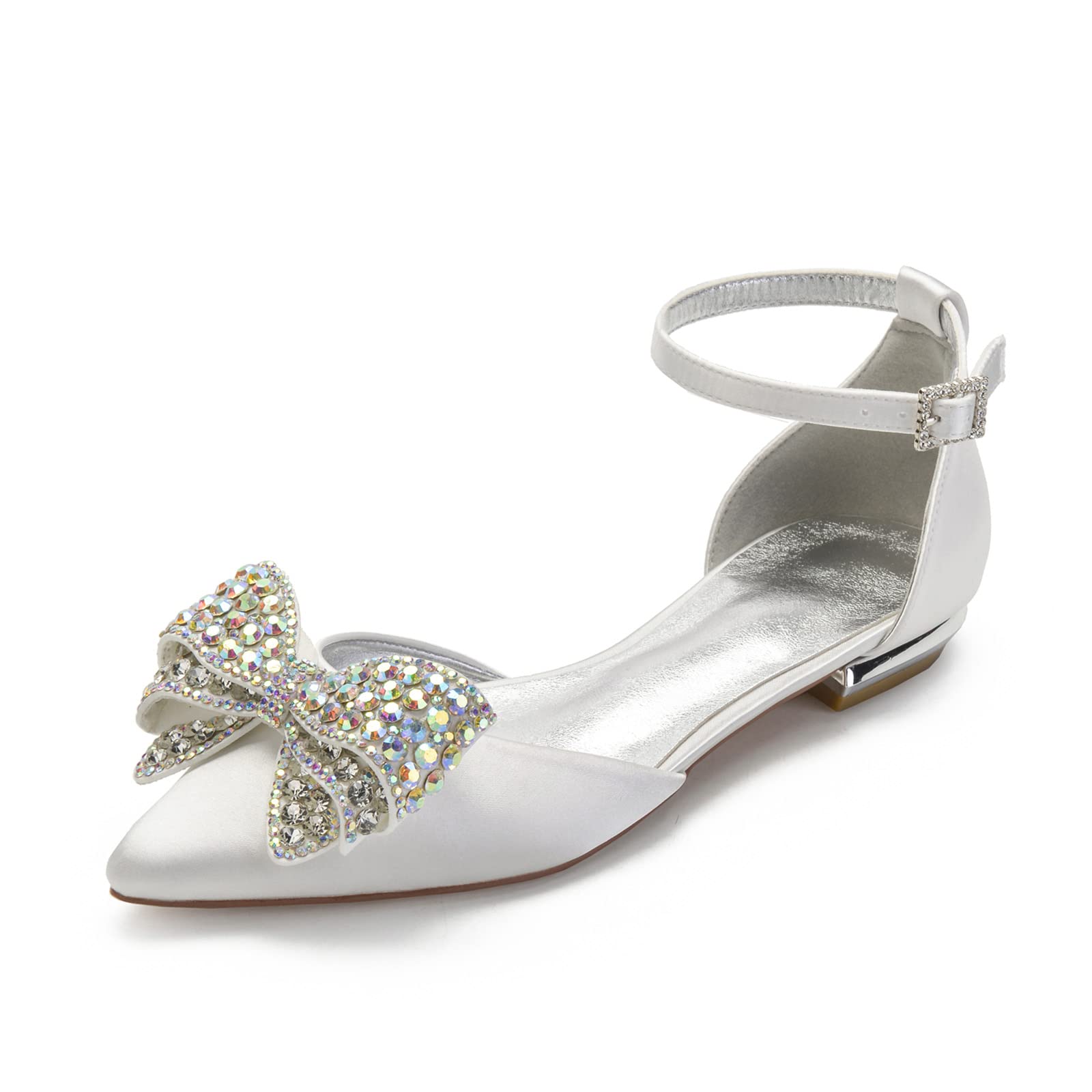 JTTMWomen's Bridal Wedding Shoes Satin D'orsay Ankle Strap Ballet Flats Pumps Pointed Toe Rhinestones Bow Party Bridesmaid Shoes