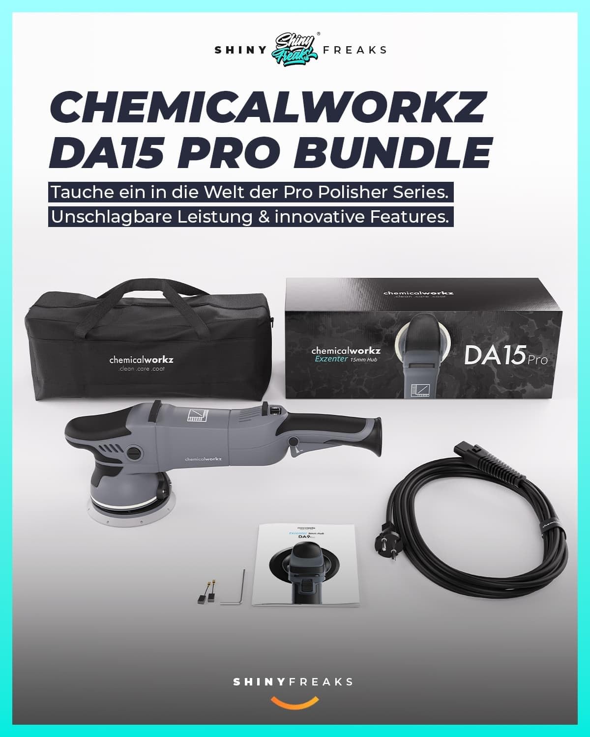 Poliermaschinen Set: chemicalworkz DA15 Pro Exzenter Poliermaschine + Sonax Politur Set + Royal Pads Premium Polierpads + Dr. Wack Versiegelung für Lack + Zubehör | 20-teilig