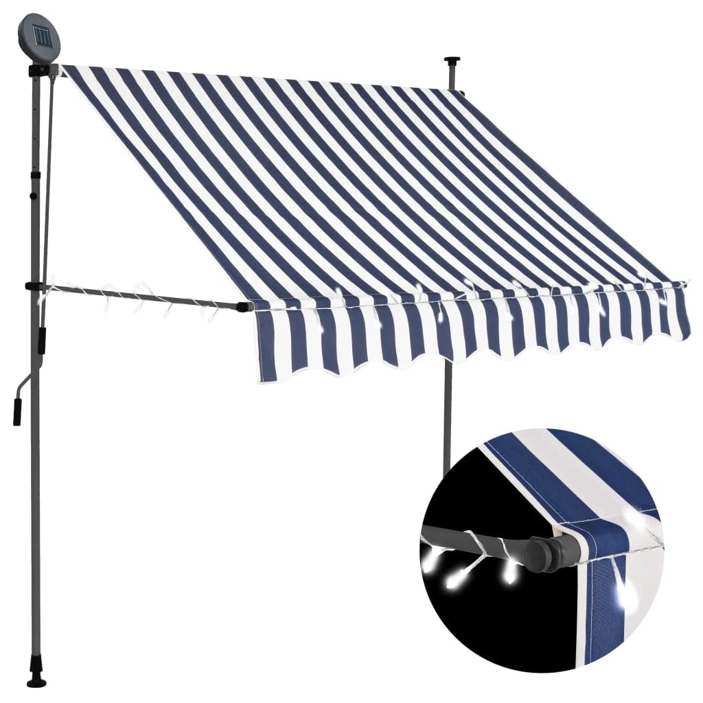 [Consegna flash] Tenda da sole da balcone, adatta per giardino, veranda, pergola, prato, balcone, terrazzo, tenda da sole retrattile, funzionamento a mano con LED, 200 cm, blu e bianco