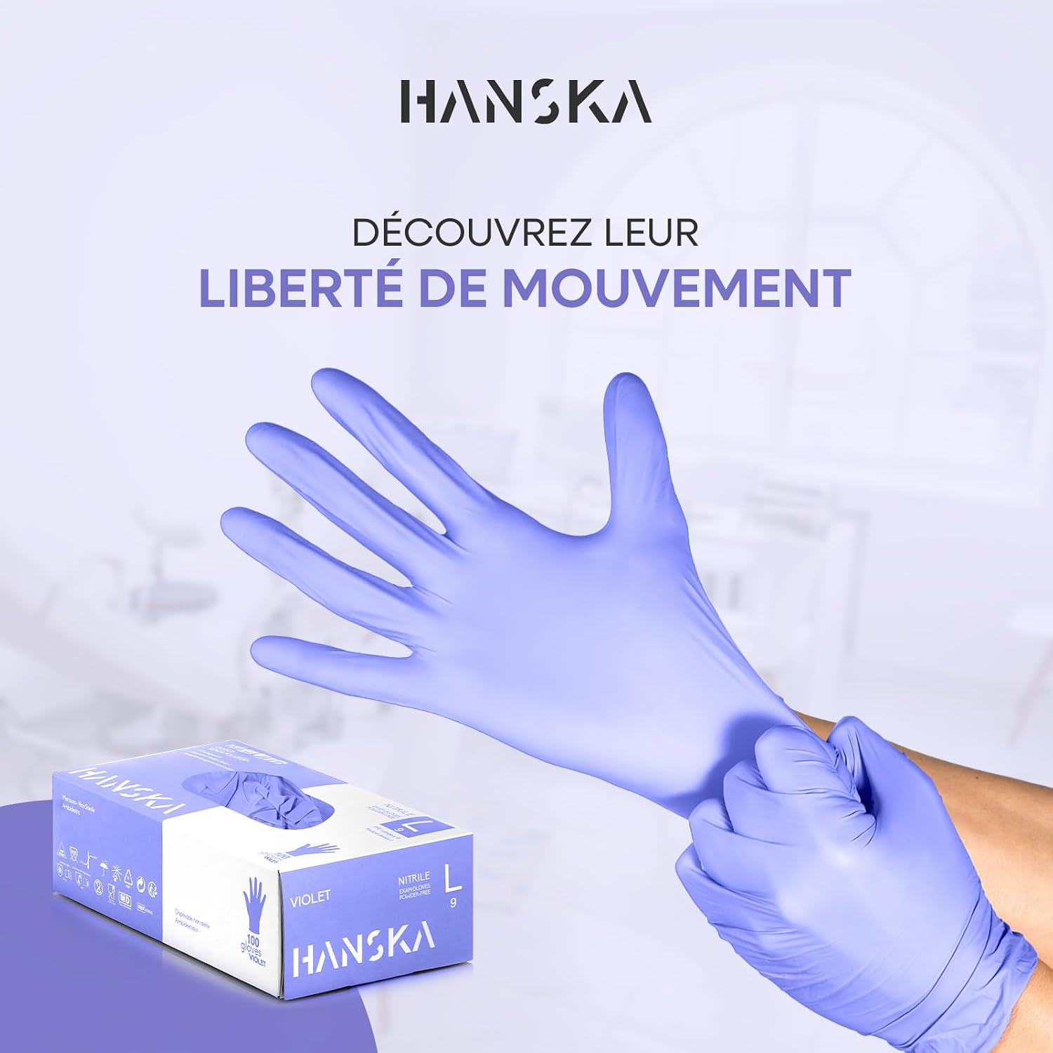 HANSKA Gants jetables en nitrile violet – Sans poudre – Jetables – Ambidextres – Non stéri - Mise en situation et utilisation