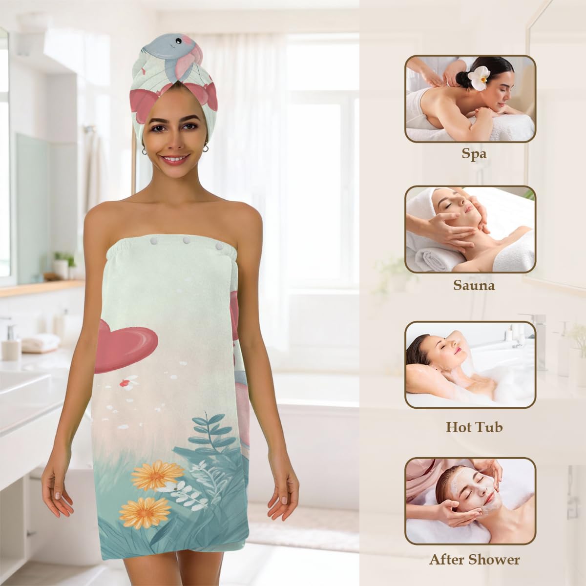 Mikrofaser-Duschtuch für Damen, mit Haarhandtuch, Cartoon-Baby, Elefant, Herz, weiche Körperwickel, Kleid mit Haartrocknungskappe für Strand, Pool, Spa, 2 Sets