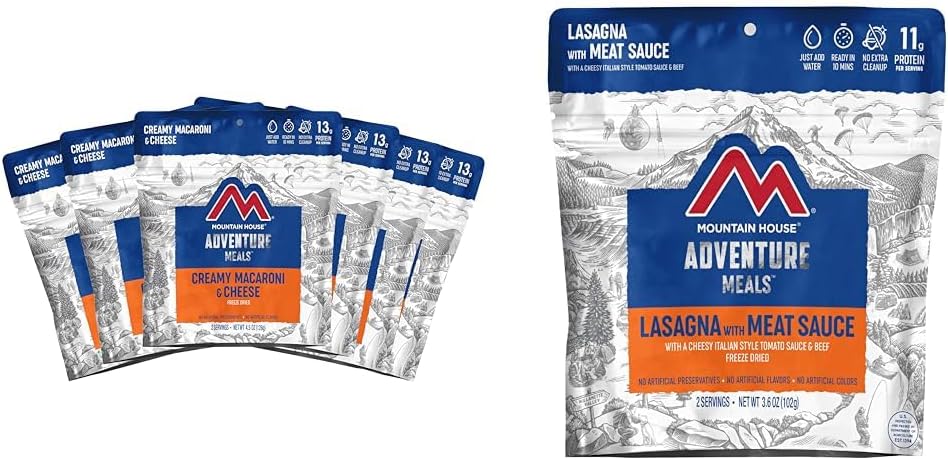 Mountain House Creamy Macaroni & Cheese 6-Pack + Lasagna with Meat Sauce Backpacking & Camping Food