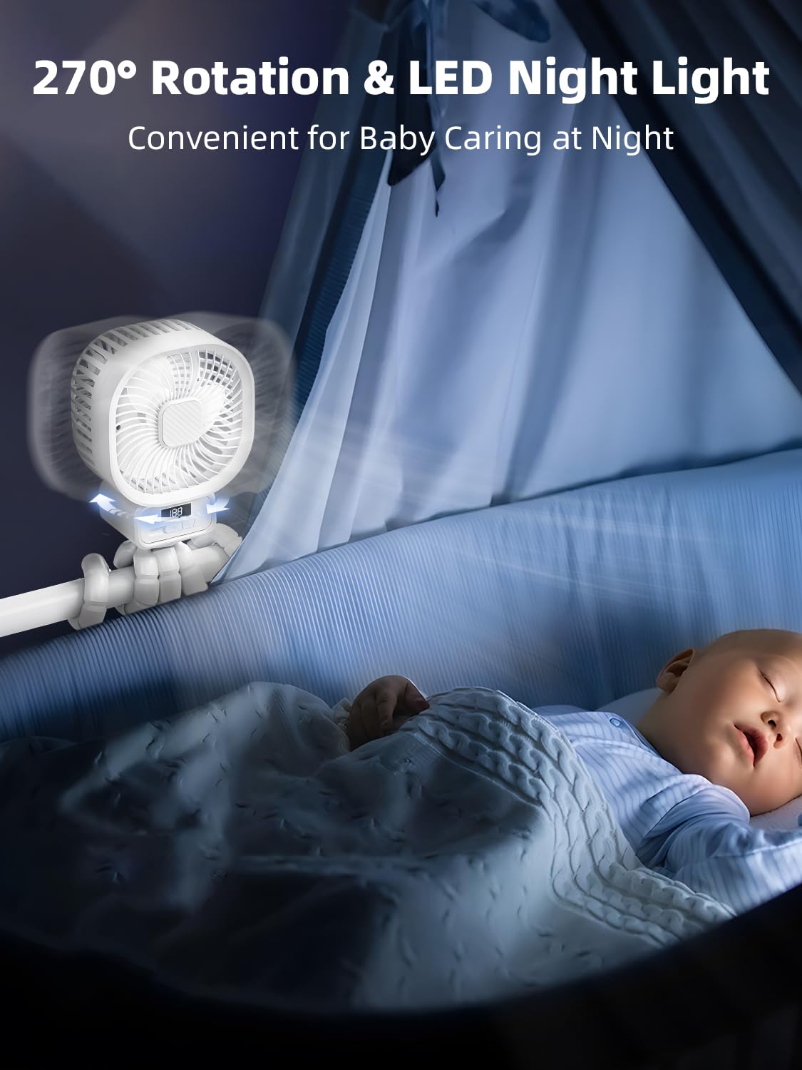 Ventilateur Portable Poussette avec 10000mAh, 3 Vitesses Ventilateur Rechargeable à Rotation 270°, Ventilateur USB Silencieux avec Support Amovible et LED Convient aux Poussette, Lit bébé, Blanc