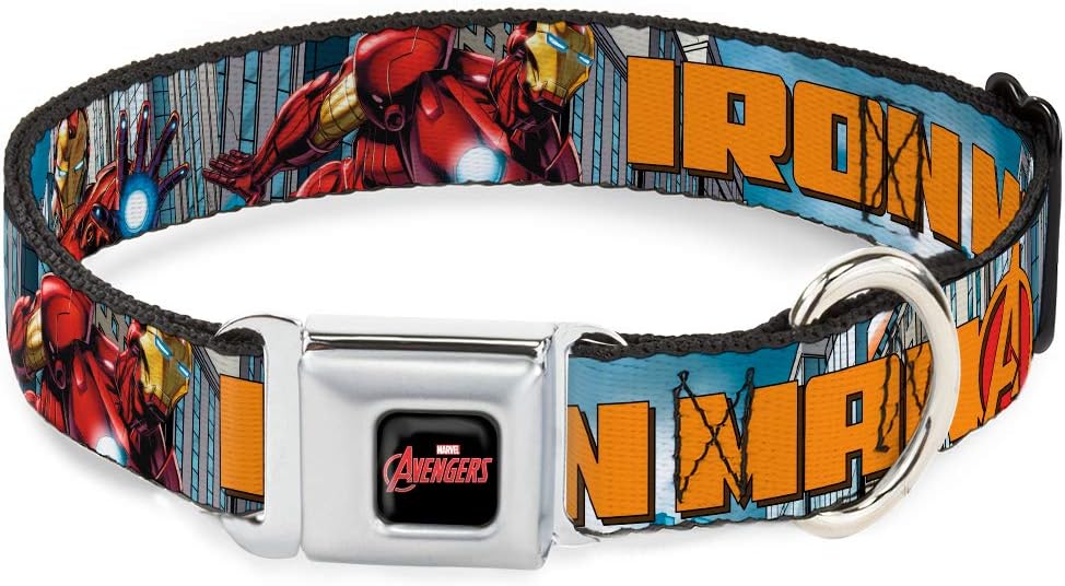 Buckle-Down Seatbelt Buckle Dog Collar - IRON MAN w/Avengers Logo Cityscape - 1.5" Wide - Fits 13-18" Neck - Small