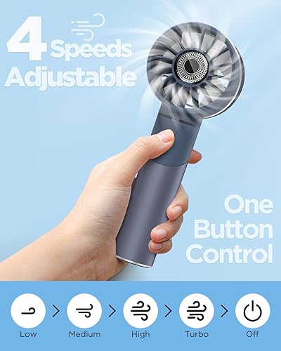 Miniatura 6 de Ventilador de mano, mini ventilador turbo portátil pequeño, recargable con 4 ventiladores personales de alta velocidad, tiempo de funcionamiento