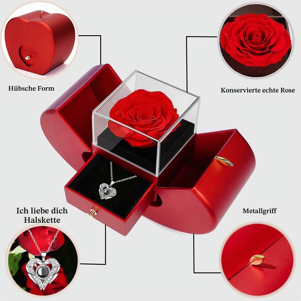 Preserved Real Rose Gifts for Womens,Eternal Flowers Rose with I Love You Necklace in 100 Languages,Gifts for her on Birthday, Anniversary, Valentine's Day, Mother's Day, Christmas