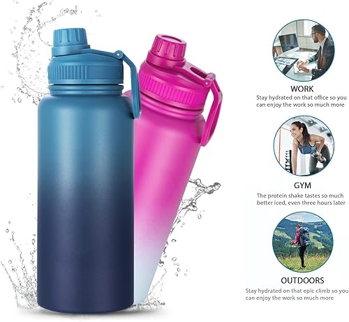 Miniatura 4 de Botella de agua aislada con 3 tapas, frasco de doble pared de acero inoxidable con mango de paracaídas, funda protectora de silicona, 2 popotes, a