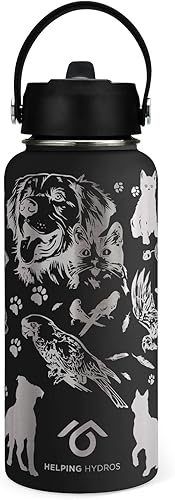 Animal Rescue - Botella de agua con tapa con pajilla, acero inoxidable grabado de 32 onzas con correa, temática de mejores amigos, mascotas y