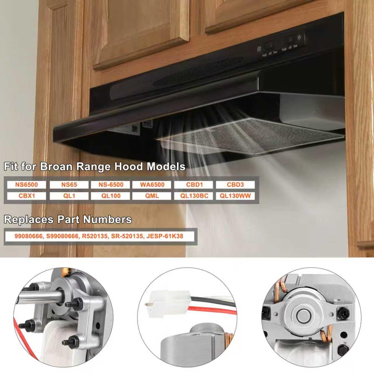 Hiorucet S99080666 Fan Motor for Broan NS6500 and WA6500 Range Hood Series, NS65 Kitchen Fan Motor for NS65 WA6500 NS6500 QML QL100 CBD1 CBD3 CBX1 QL1, Replacement for 99080666, R520135, JESP-61K38