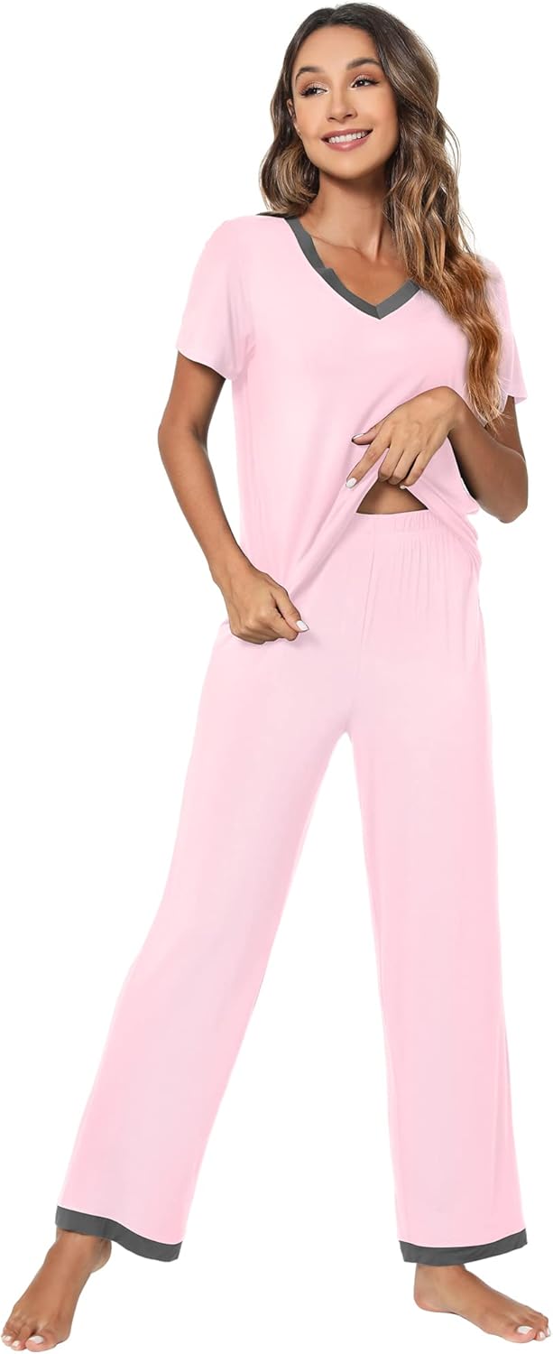 WiWi Bamboo Viscose Pajamas for Women Super Soft Short Sleeve Pajama Set with Pants Cooling Pjs Lightweight Loungewear S-XXL - Image 3
