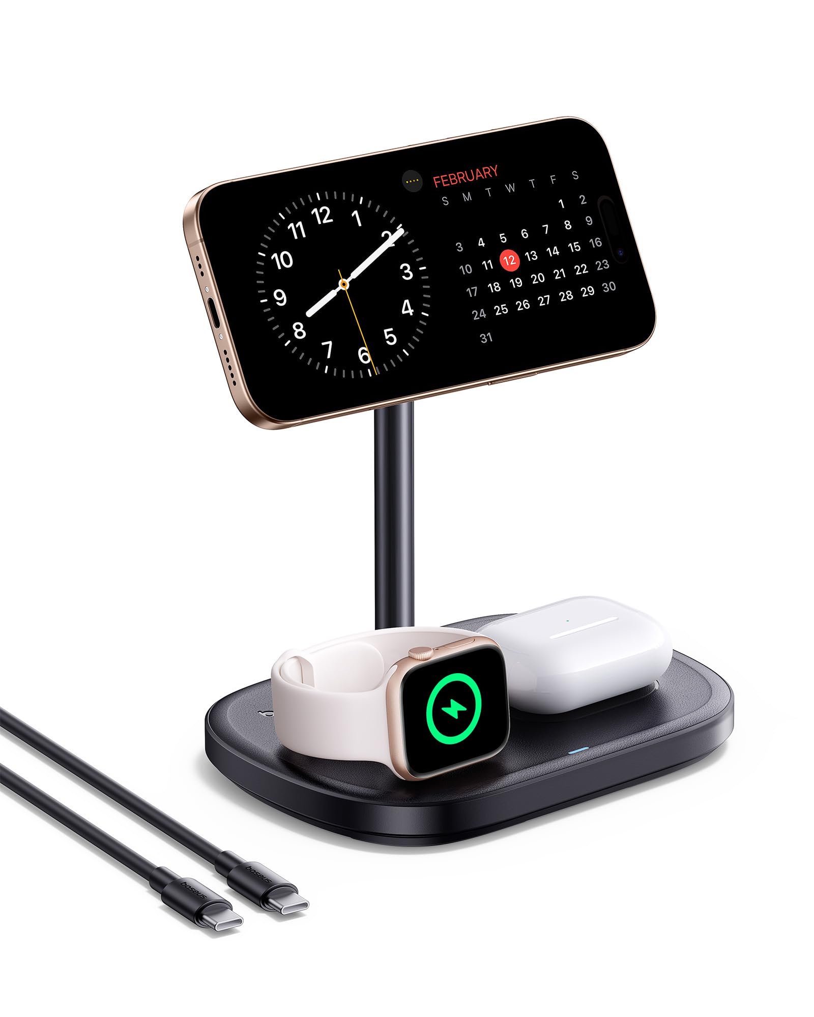 Baseus EnerFill Caricatore Wireless 3 in 1 con Raffreddamento, Stazione di Ricarica Wireless da 22,5 W, per Apple Watch e iPhone 16 15 14 13 12 Pro Max Plus, AirPods, con Caricatore da 45 W
