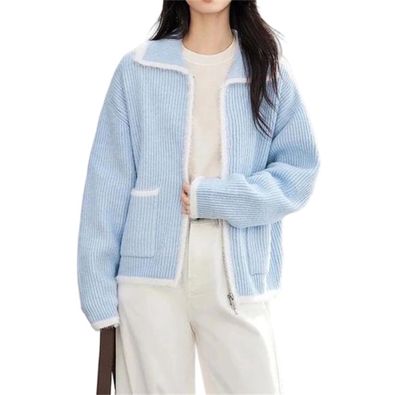 Womens Contrast Color Zip Cardigan Knit Jacket Elegant Lapel Sweater Winter Warm Pocket Design Vintage Outerwear