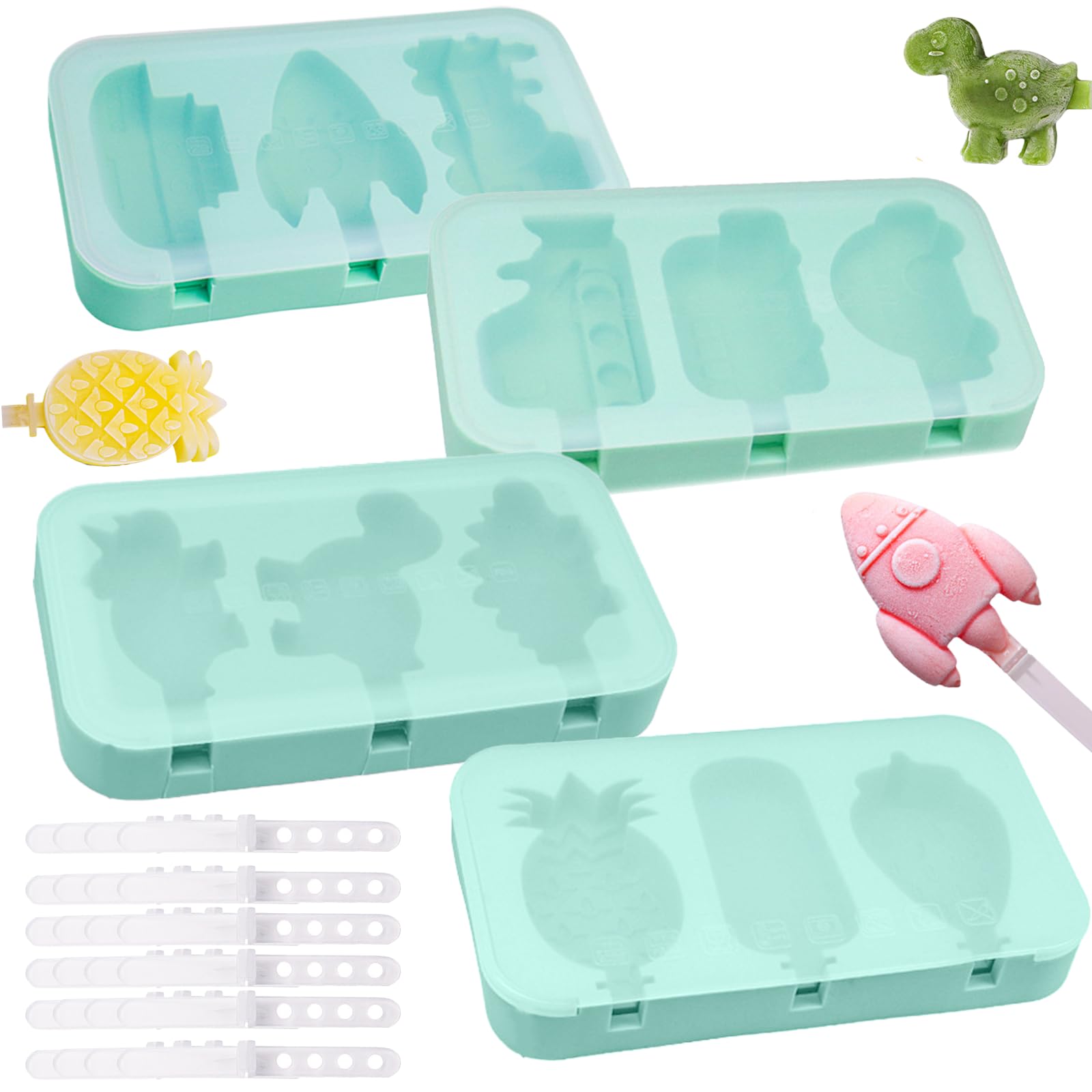 4 moldes de silicona para paletas de bebé, 3 cavidades, sin BPA, molde para helado, lindo dinosaurio, frutas, forma de coche, molde para hielo con tapa y 24 palos