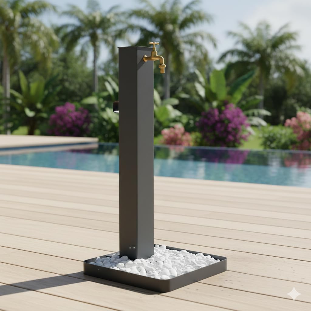 Fontana da Giardino Design a Colonna Quadrata Rubinetto in Ottone Base Ciottoli Antracite