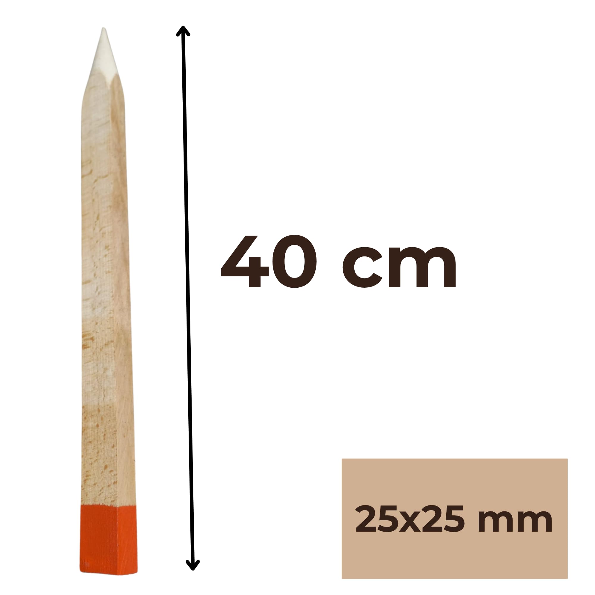 25 Piquets en Bois Hêtre 25x25 mm – Longueur 40 cm – Pointe Orange Vernie – Piquets de Bornage Géodésiques pour Marquage Terrain – Piquets de Jardin Robustes Tuteurs Clôture
