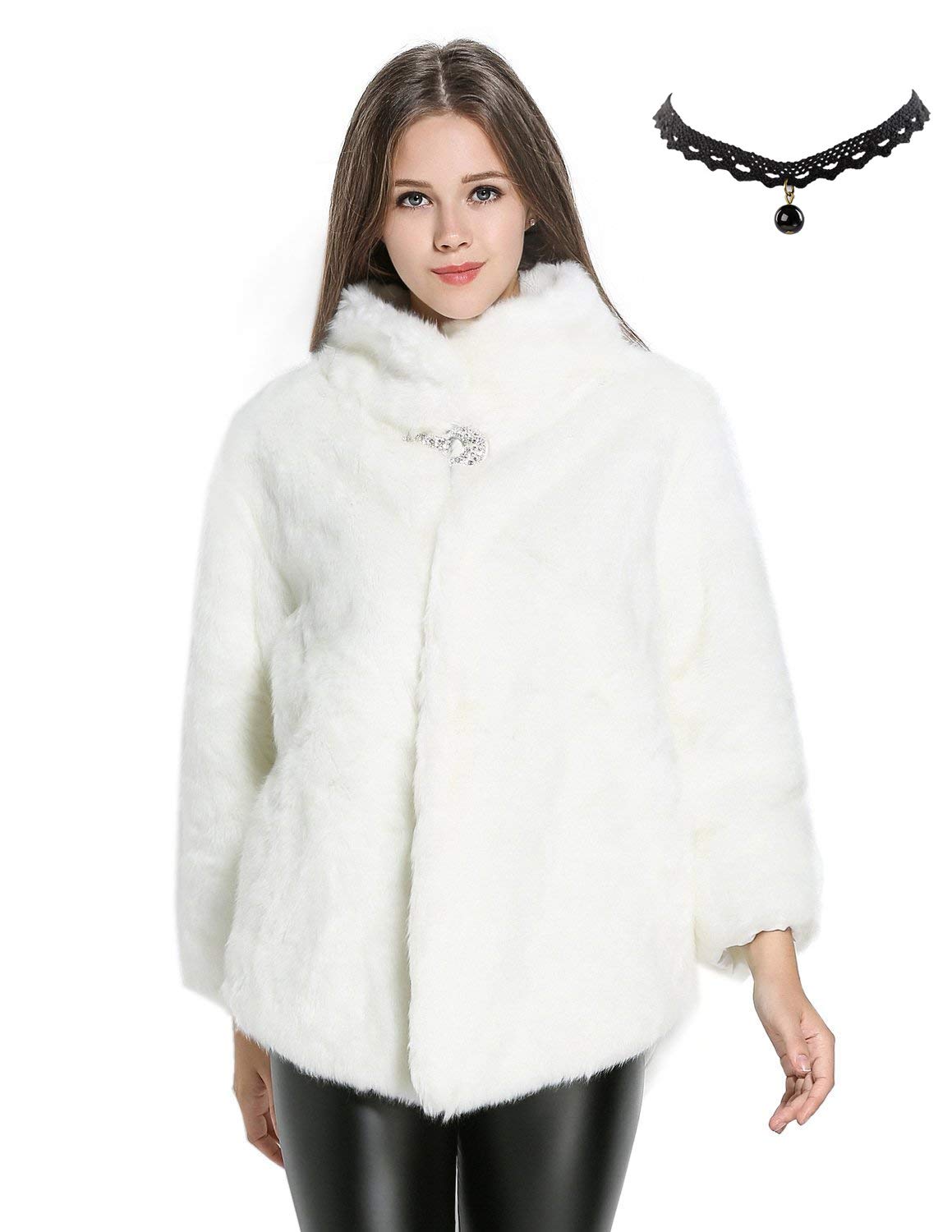 Semia Women Faux Fur Luxury Winterjackets with crystal button Vintage Solid Fluffy Coat Outwear Tops