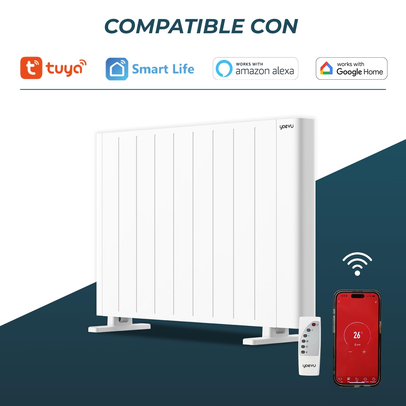 YOEVU | Radiador eléctrico bajo consumo | 2000W | 3 modos | Tecnología TRIAC, Compatible con Alexa, control WiFi y app, pantalla digital, temporizador, montaje suelo o pared, blanco