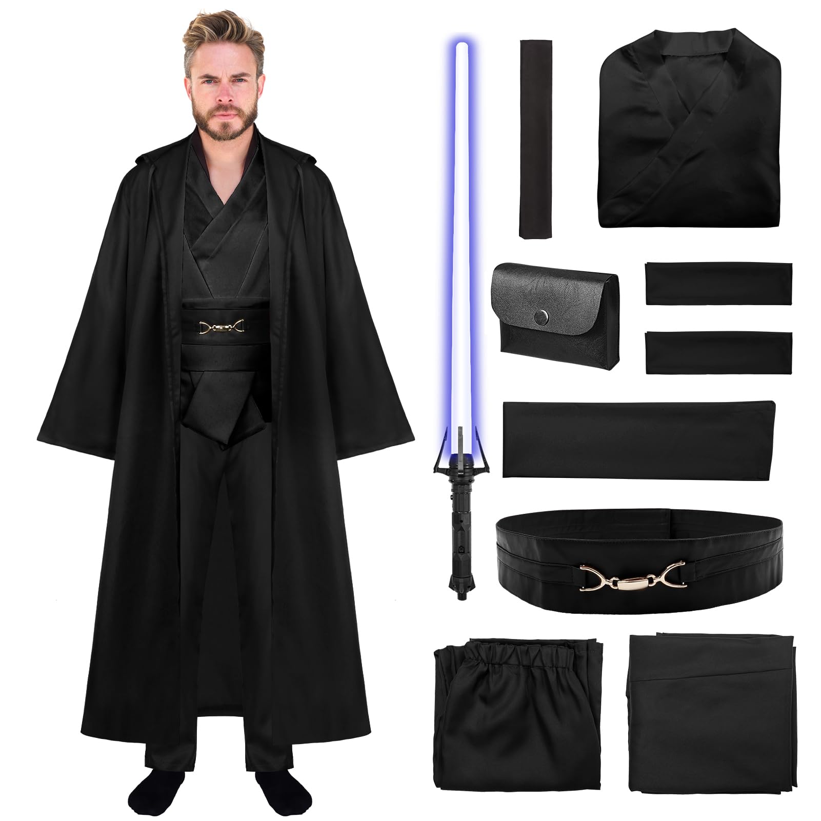 Angenster Disfraz de Halloween para hombre, disfraz de Wars, disfraz de Sky Walker, capa negra con capucha, túnica, pantalón, correa para el hombro, cinturón de espada, disfraz de Halloween para