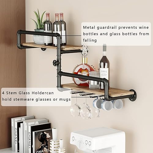 Miniatura 2 de MAIKAILUN Estante para vinos montado en la pared de 2 niveles, colgante industrial flotante de 24 pulgadas, estantes pequeños para licores con 4