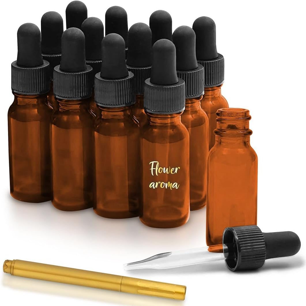 Culinaire Glass Dropper Bottle Amber Glass Eye Dropper Bottles for Essential Oil Serum and Liquid Extract with Glass Eye Droppers and Gold Glass Pen, 1oz, Pack of 12