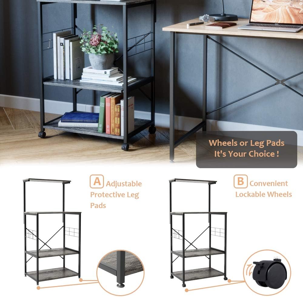 Bestier Kitchen Bakers Rack Microwave Stand Rolling Cart on Wheels with Oven Mitts and 10 Side Hooks Island with Storage Shelf Kitchen Organizer 4 Tier Shelves (Gray, Gray Duck Mitts)