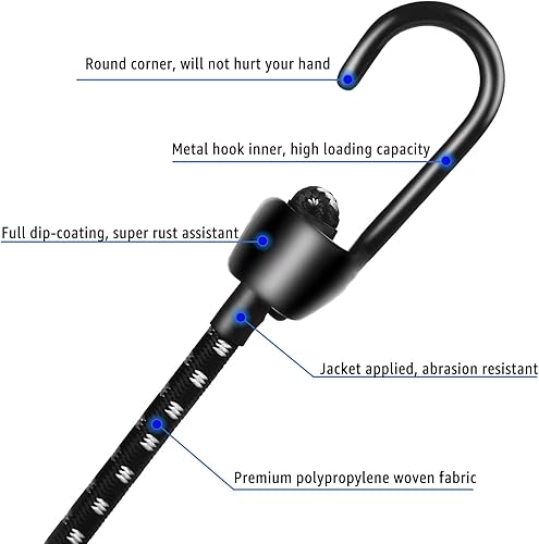 Miniatura 3 de Cuerdas elásticas con ganchos ajustables de 48 pulgadas, 4 piezas, resistentes para acampar al aire libre y hogar, resistente a los rayos UV, color