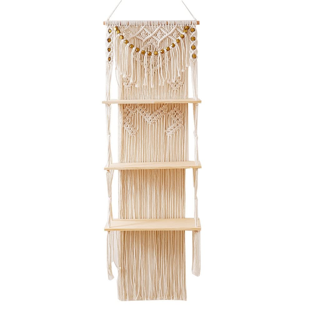 CTRLZS Macrame Wall Hanging 3-Tier Floating Wall Shelves for Bedroom, Bathroom, Nursery, Boho Wall Decor Shelves for Plant Pot