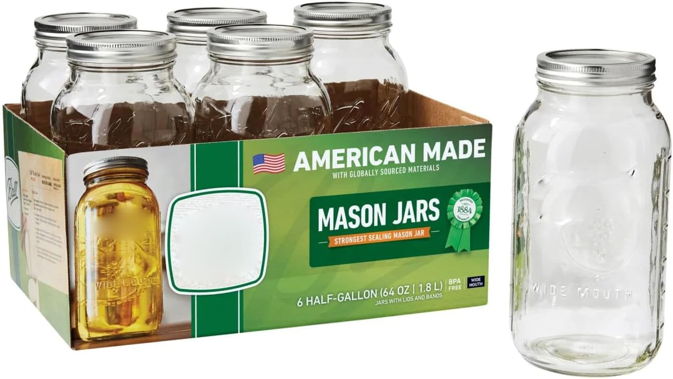 Wide Mouth Mason Jars 64 Ounces - 6 Count Glass Jars with Lids & Bands for Canning, Preserving, Pantry Storage & Home Use