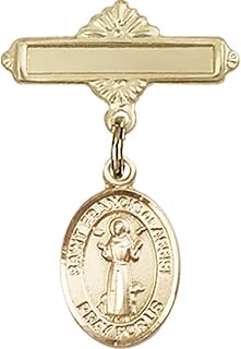 Gold Filled Baby Badge with St. Francis of Assisi Charm and Polished Badge Pin 1 X 5/8 inches