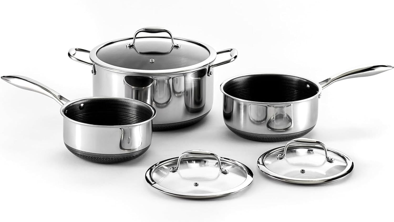 Hybrid Nonstick 6-Piece Pot Set, 2, 3, and 7.5 Litre Pots with Tempered Glass Lids, Stay-Cool Handles, Induction Ready, Compatible with All Cooktops