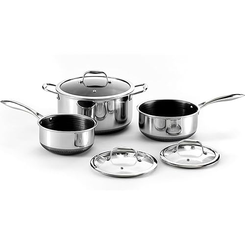 HexClad Hybrid Nonstick 6-Piece Pot Set, 2, 3, and 8-Quart Pots with Tempered Glass Lids, Stay-Cool Handles, Dishwasher-Friendly, Induction Ready, Compatible with All Cooktops