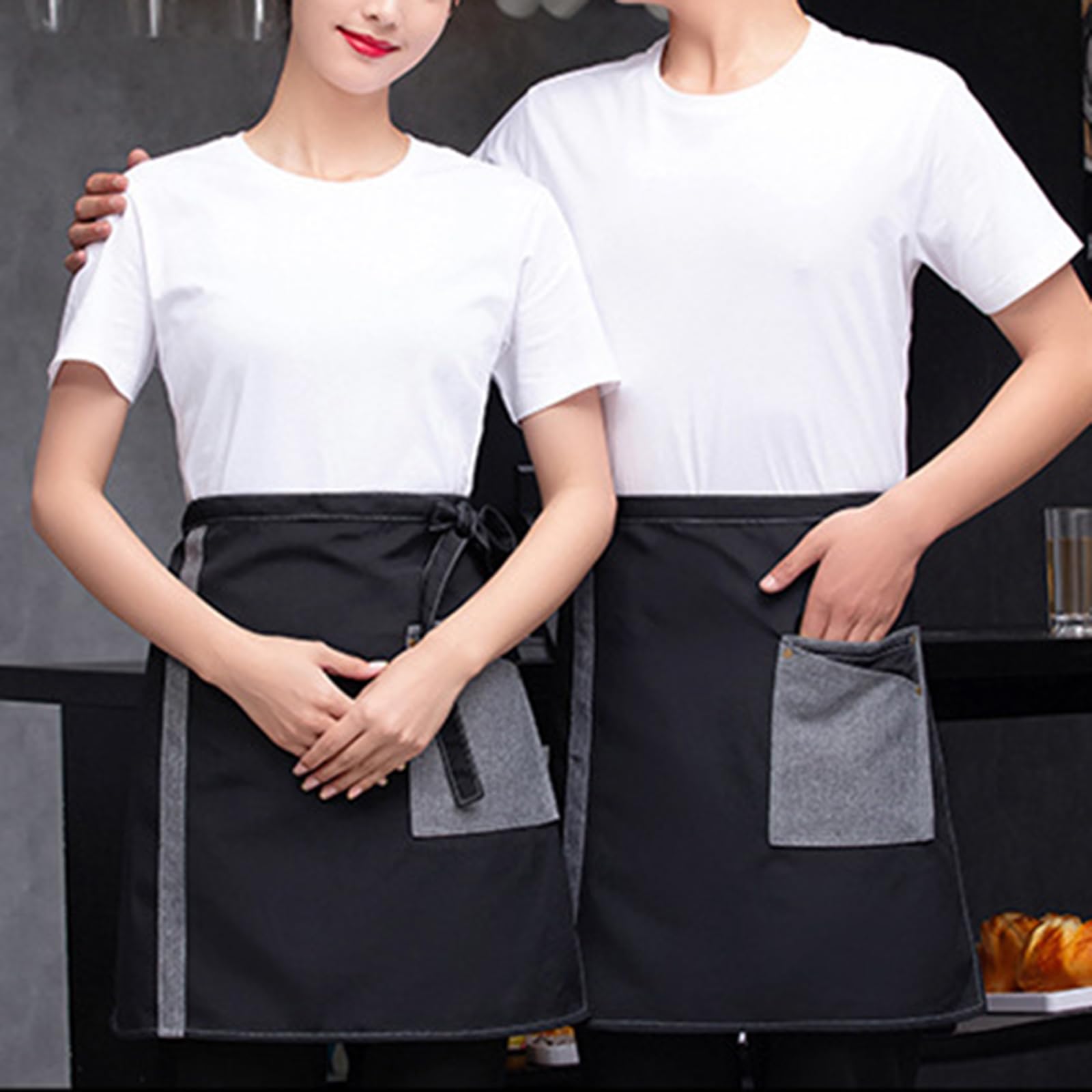 2 Piezas Delantales De Cintura, Delantal Corto Impermeable, Medio Delantal Camarero, Delantale De Cocina con Bolsillos para Restaurante, Casa, Bar Black,One Size