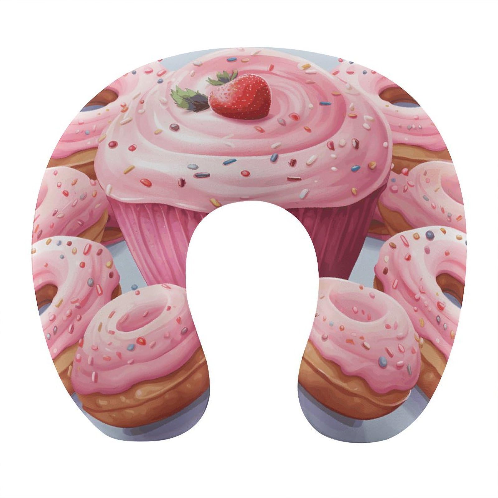 FekiLoot Pink Donut and Cupcake Travel Pillow,U Shaped Office Napping Pillow Support Neck and Head Comfortable Travel Neck Pillow U Shape Sleeping Essentials for Long Haul Flights