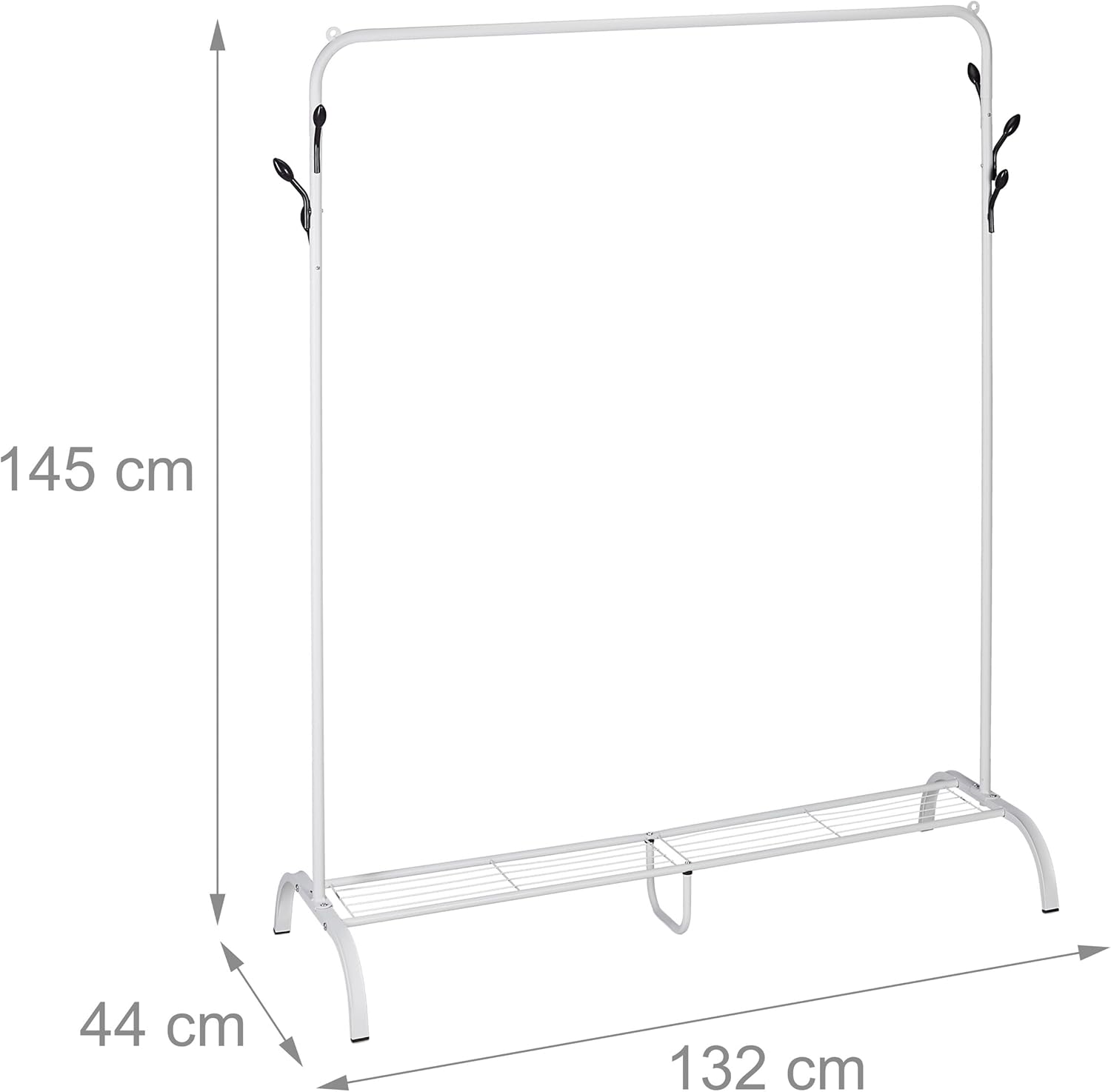 Diagram showing the dimensions of the metal wardrobe: 145 cm height, 132 cm length, 44 cm depth.