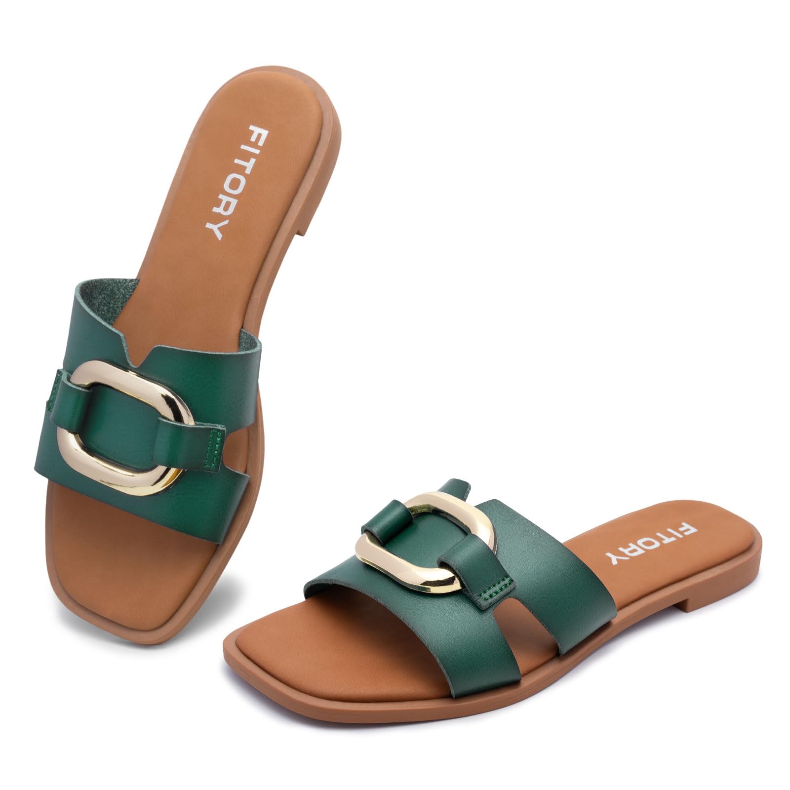 Women's Flat Sandals Fashion Square Open Toe Slides With Metal Chain Slippers for Summer Size 6-11