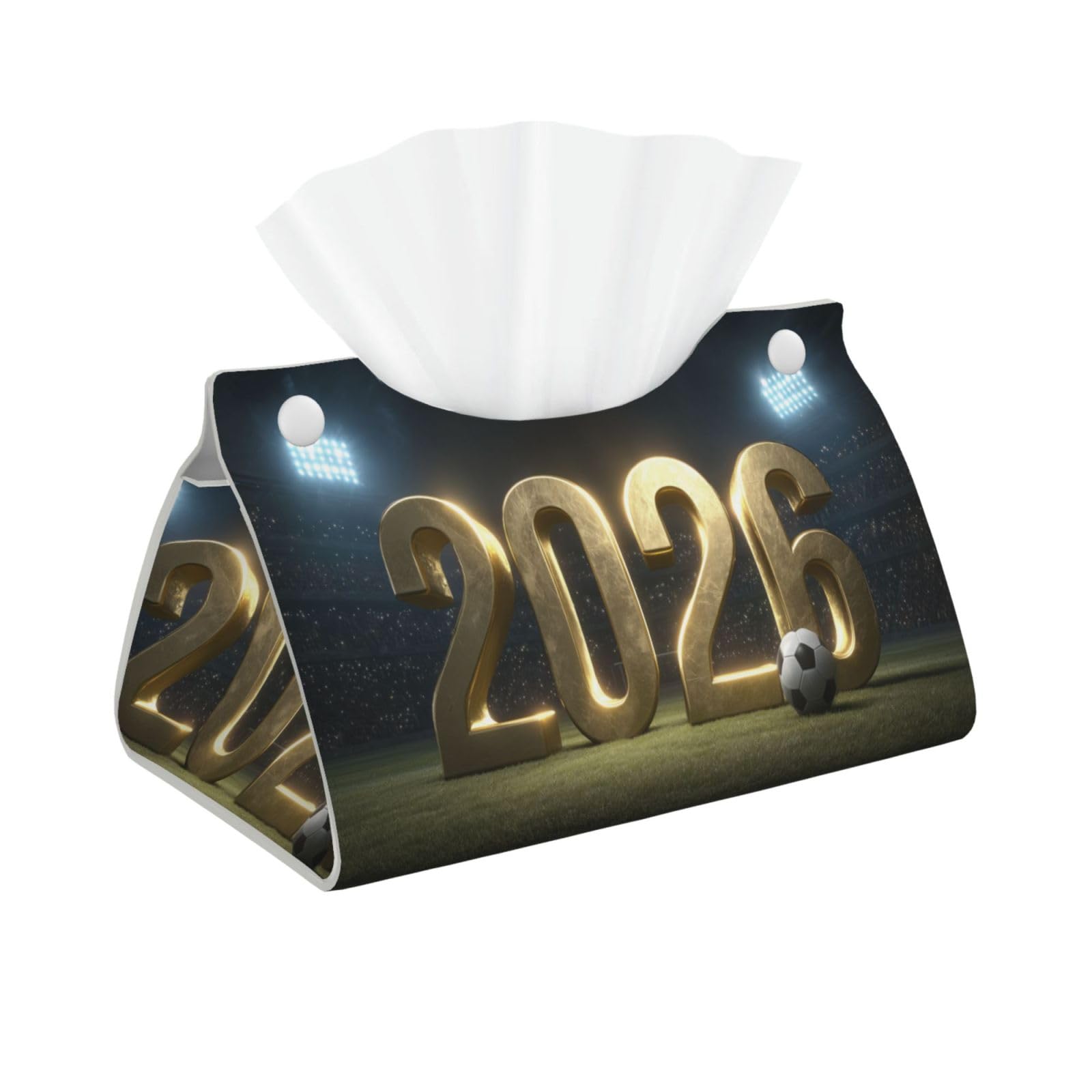 Golden Number 2026 On The Soccer Stadium Tissue Box Cover Rectangle Pu Leather Tissue Box Holder for Car Bathroom Bedroom Desk Tabletop Decor