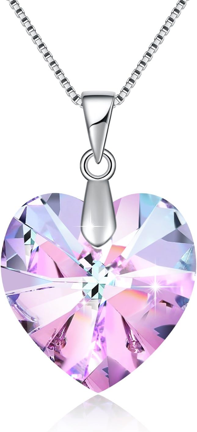 Heart Necklace for Women Birthstone Necklace with Swarovski Crystal Rhodium Plated Purple 16''+2''