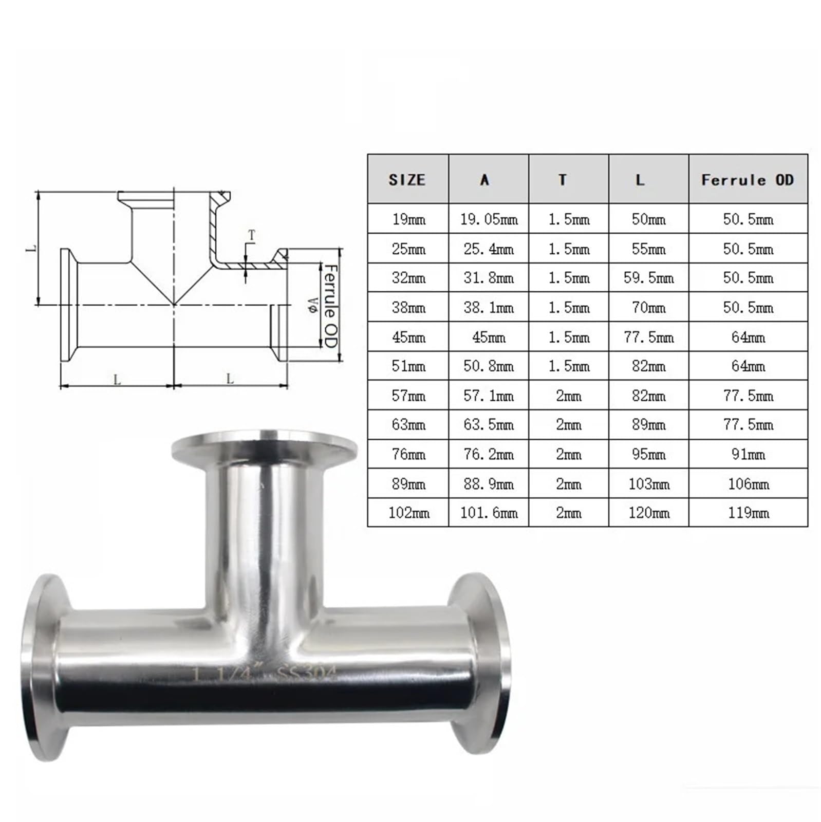 Tubo de 19-108 mm de diámetro exterior, acero inoxidable 304, manguito en T, 50,5-119 mm, abrazadera triple de 1,5"-4" instalada.(57mm Ferrule 77.5)