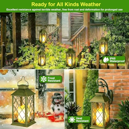 Image of 2 Pack 14 inch Large Tempered Glass Solar Lanterns Outdoor Waterproof | Bronze retro solar lantern with flickering flameless candles, ideal decoration for wall, porch, patio, table and garden.