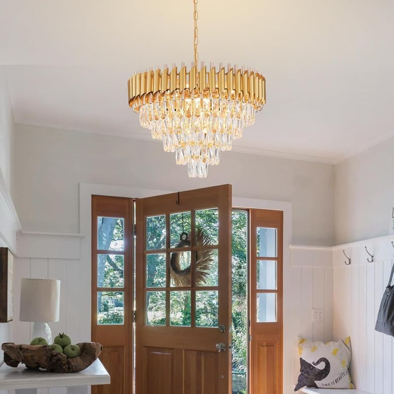 Image of Zingy Modern Ceiling Lamp 5-Tier Round Crystal Chandelier for Living Room | Modern Ceiling Light Jhumar for Hall for Home Decoration + 3 Color LED Light (Full Gold, 600MM) R
