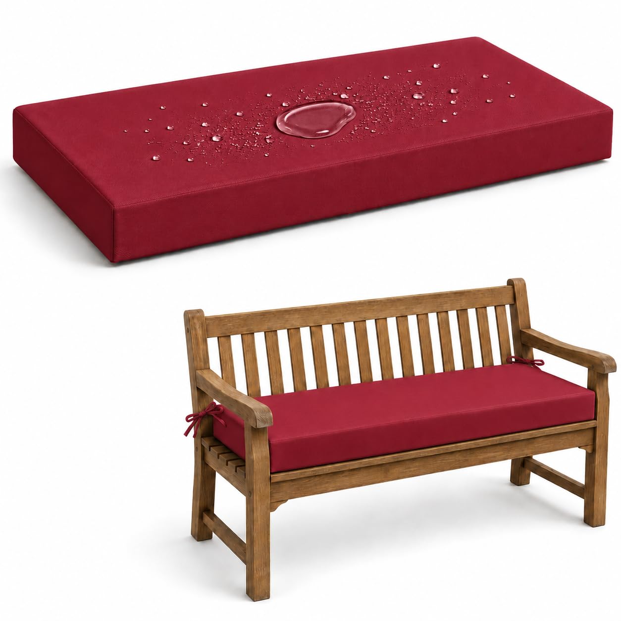 AZMAHT Waterproof 2/3/4 Seater Bench Cushion, Polyester Garden Bench Pad with 50D Foam 5Cm, Anti-Slip Ties, Removable Cover for Patio, Lawn, Indoor Outdoor Seats,Red,120x30x5cm