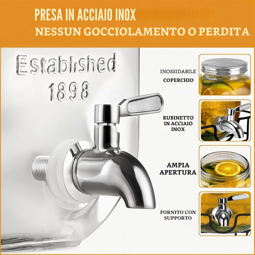 2 dispenser per bevande in vetro da 4 l, con supporto, dispenser per bevande in vetro, con rubinetto per succhi di frutta ghiacciati, acqua, bevande fatte in casa, feste, matrimoni