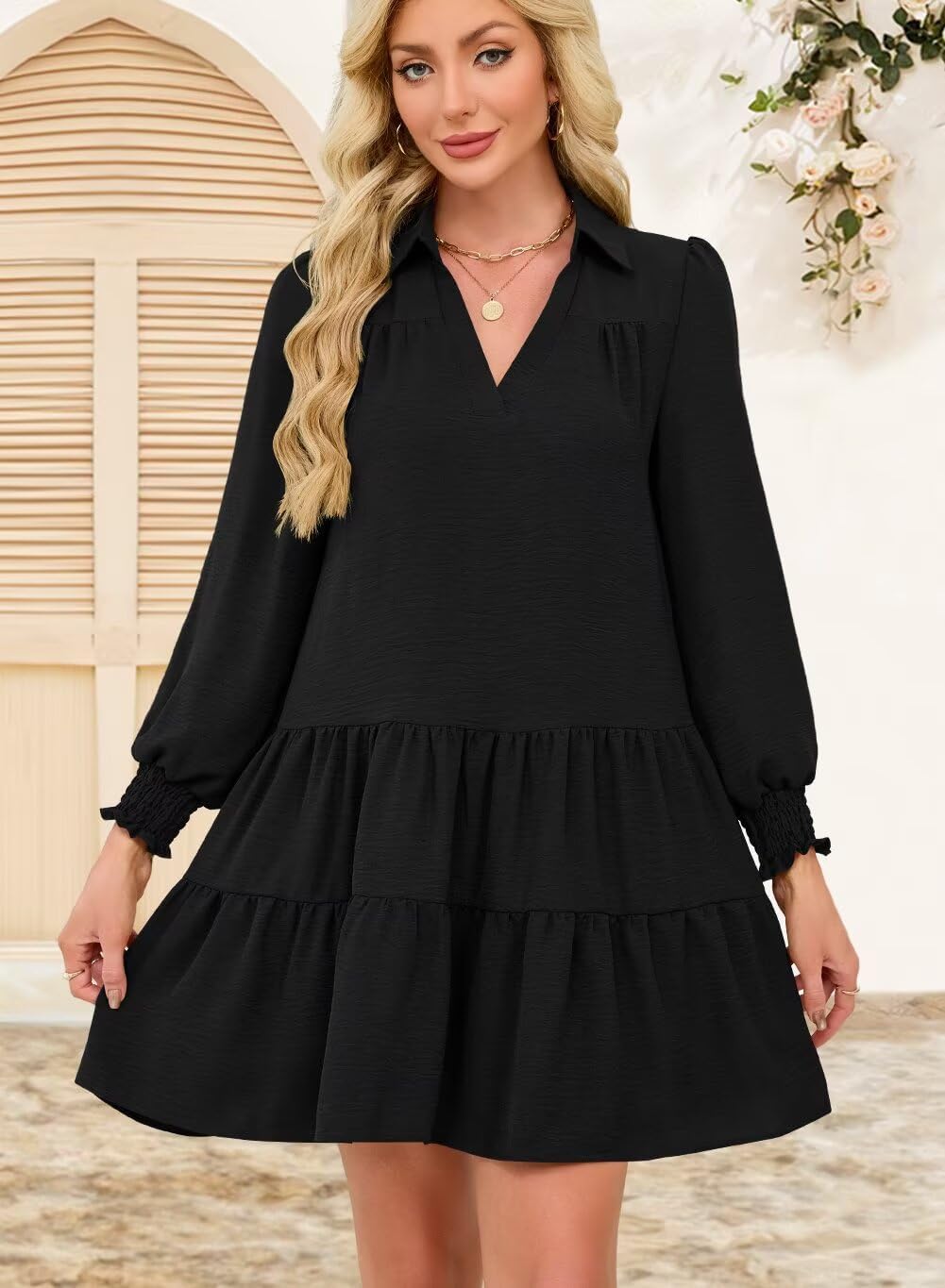 Wkior Casual Dresses for Women Long Sleeve Fall Lapel Collared V Neck Pleated Midi Dress 2026 - Image 3