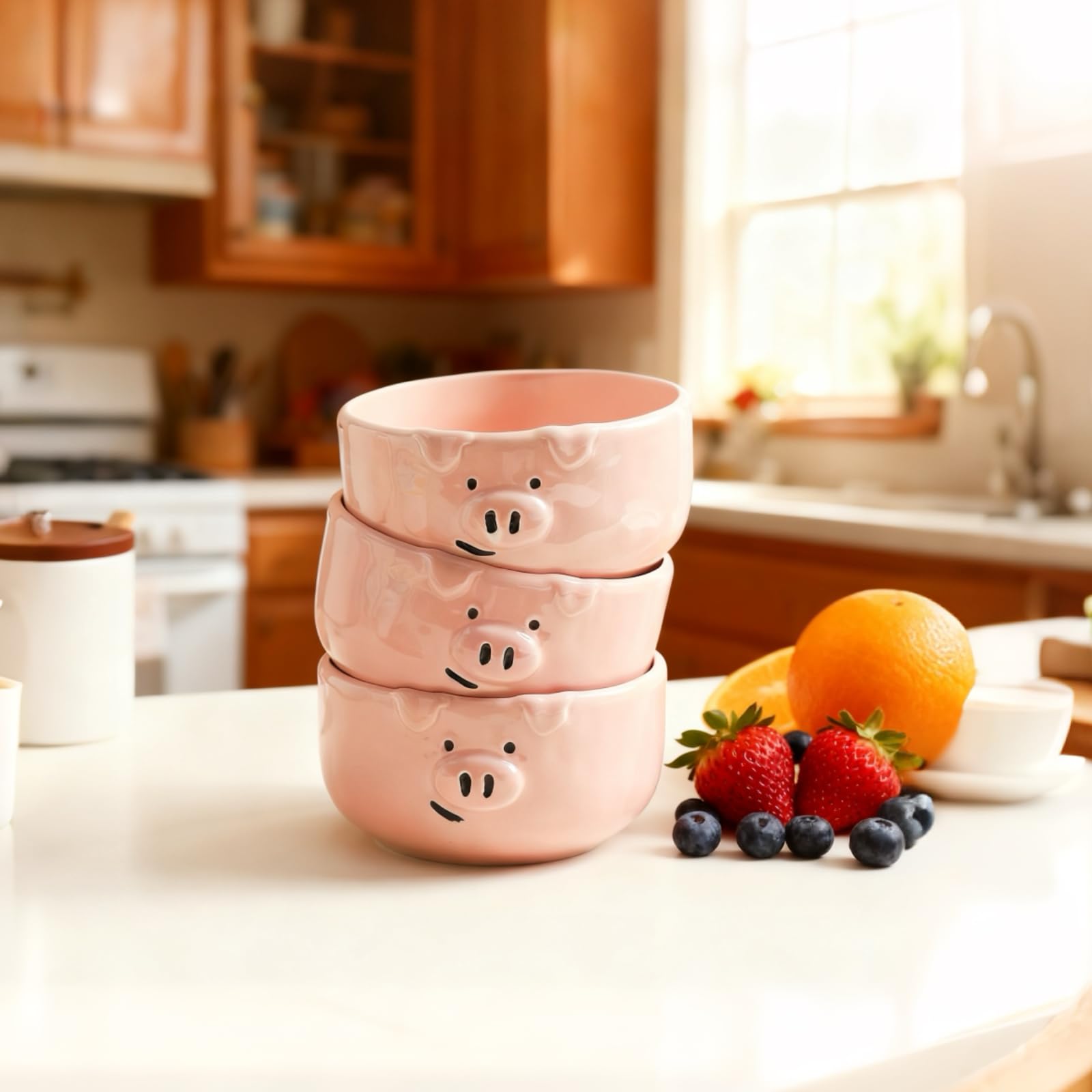 Set mit 3 niedlichen rosa Cartoon-Schweineschalen, 370 ml, kleine Keramikschalen zum Servieren von Snacks, Desserts, Müsli, Suppe