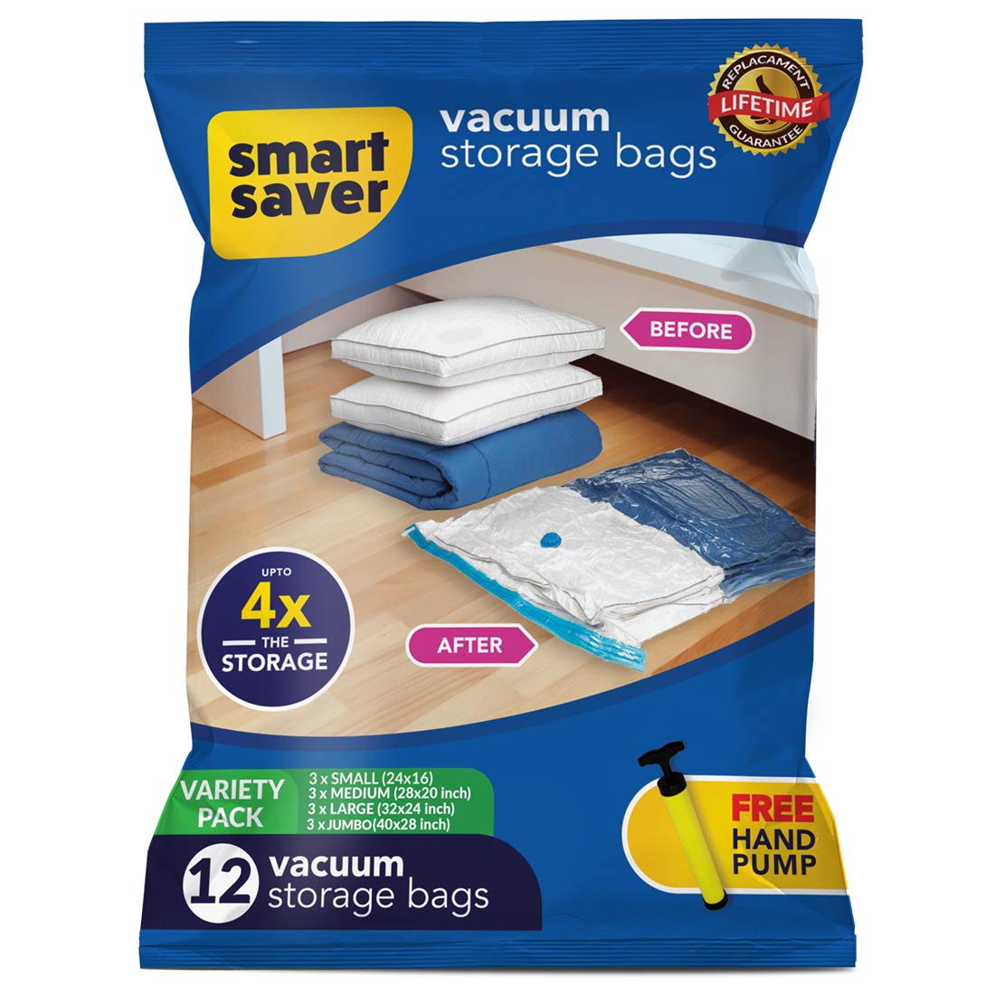Smart Saver Reusable Vacuum Storage Bags Ziplock Space For Travel Plastic Bags For Clothes Transparent Storage For Blankets Cloth With Zip,Underbed Organizer Bigowl Saver Compression-Pack Of 12-Blue