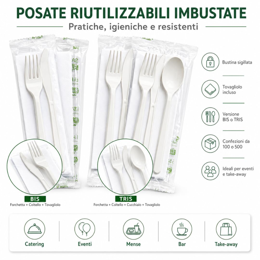 Tris di Posate Riutilizzabili Forchetta, Cucchiaio, Coltello e Tovagliolo Confezione 500 pezzi (500, Tris)