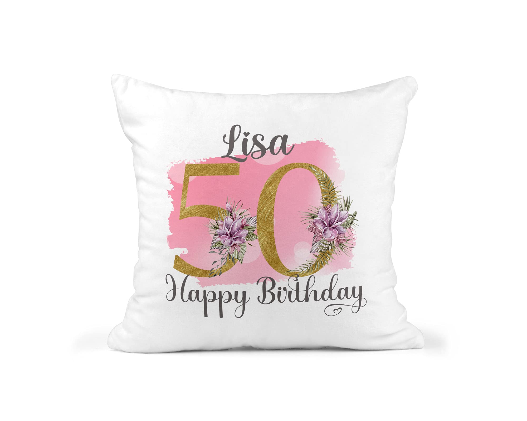 Personalised 50th Birthday Cushion with Name - Gold 50 Floral Design - Pink โ image 1