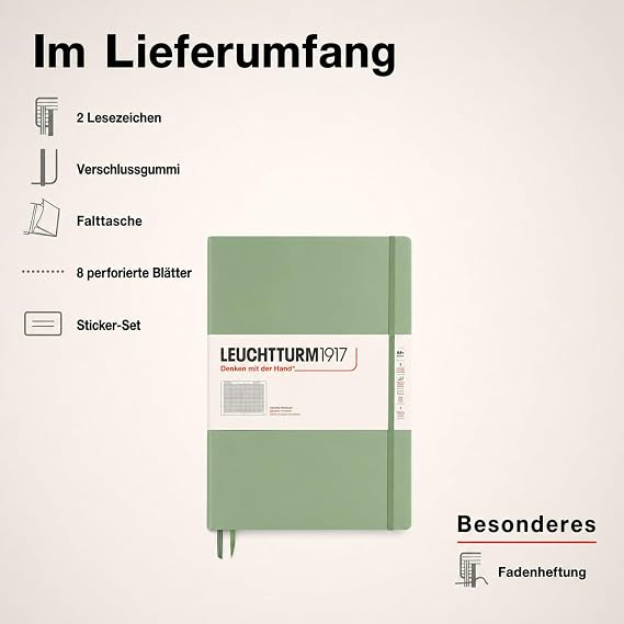 LEUCHTTURM1917 - Notebook Hardcover Master Classic A4+ 235 Numbered Pages for Writing and Journaling (Sage, Squared)
